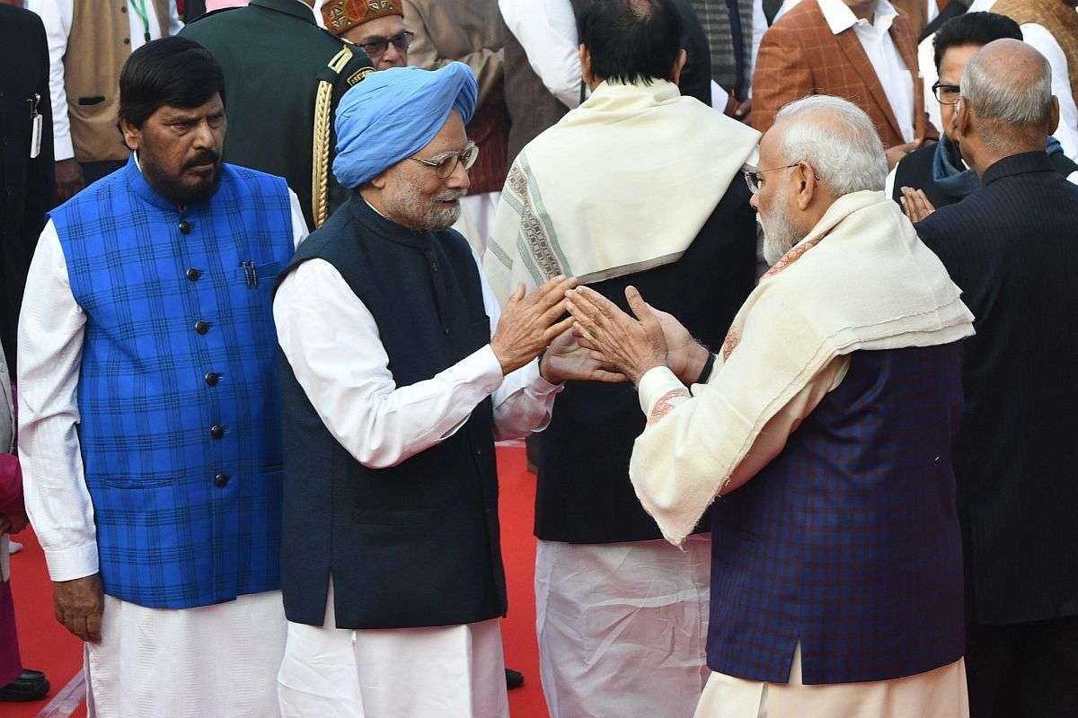 New Delhi: Prime Minister Narendra Modi, Former Prime Minister Manmohan Singh and Union Minister Ramdas Athawale during a programme organised to pay tributes to Dr B.R. Ambedkar on his 64th death anniversary commemorated as Mahaparinirvan Diwas, at Parliament House in New Delhi on Dec 6, 2019. (Photo: IANS)