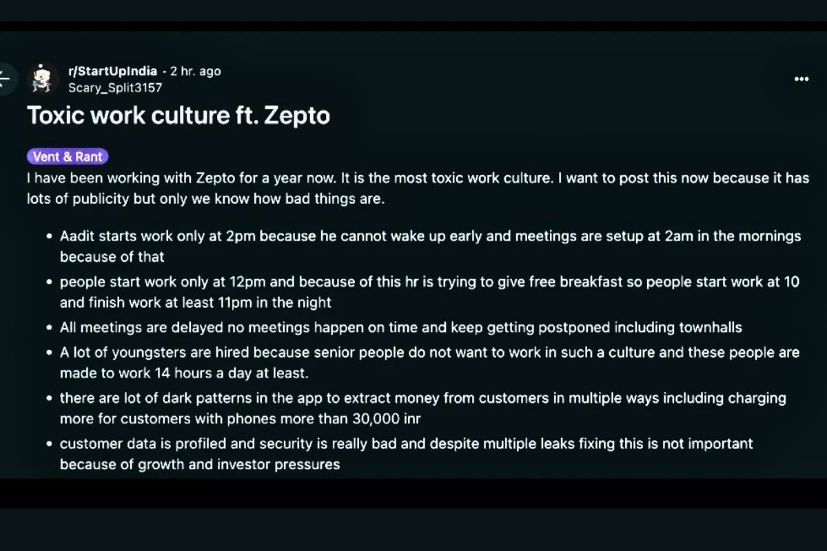 Toxic work culture at Zepto